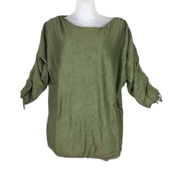Max Studio Women’s Small Green Scoop Neck Sweater Ruched Sleeve Pullover NWT - Picture 1 of 13